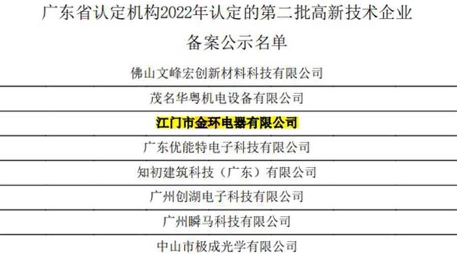 好消息！金環(huán)電器再次通過國家級“高新技術(shù)企業(yè)”認定